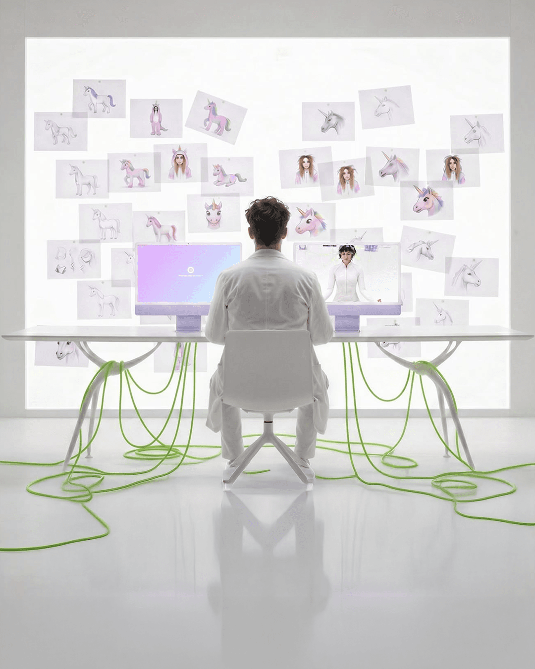 Studio workspace with character sketches and monitors — character development as craft.